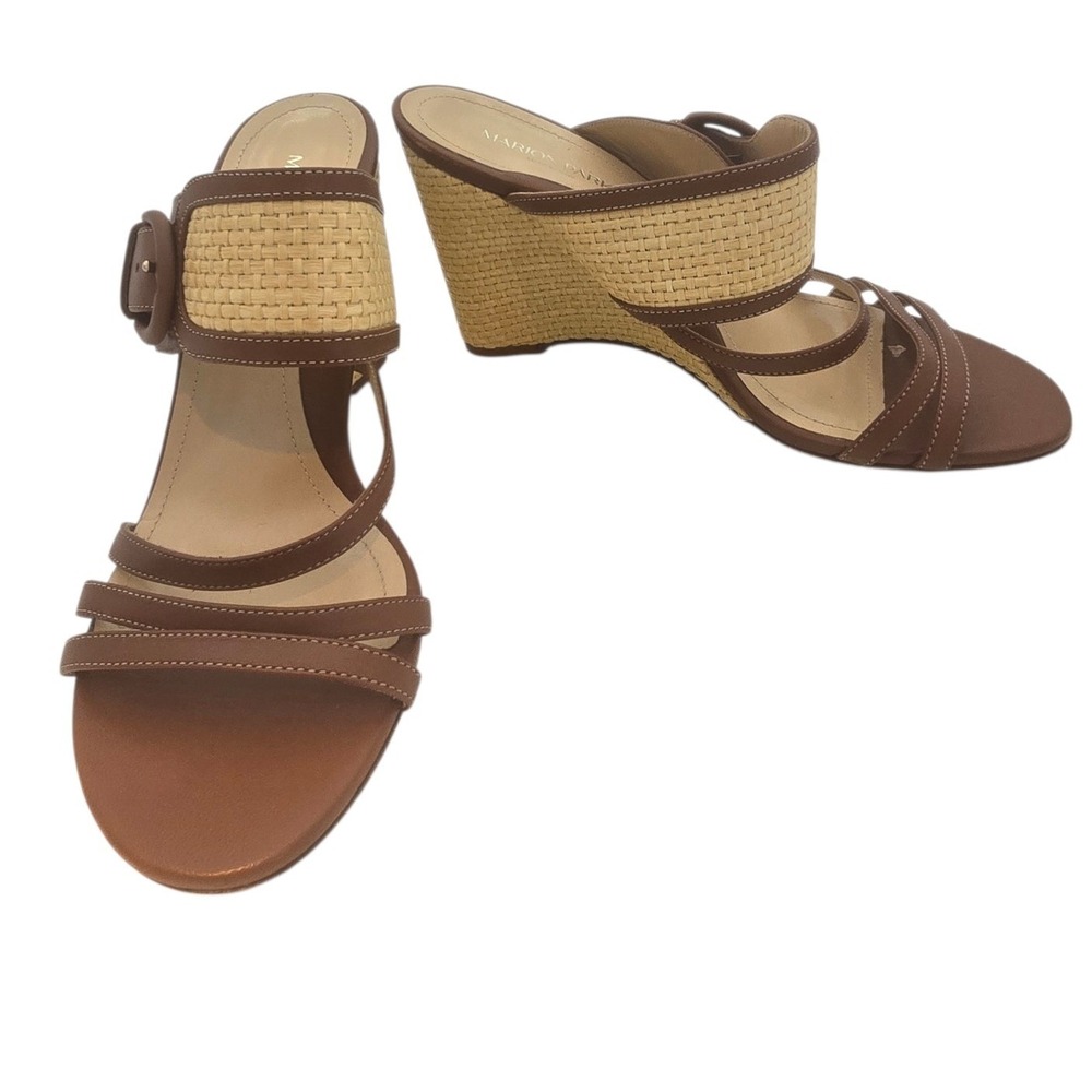 Marion‎ Parke Leather Raffia Wedge Sandals Brown Buckle Made Italy Womens 40/9.5